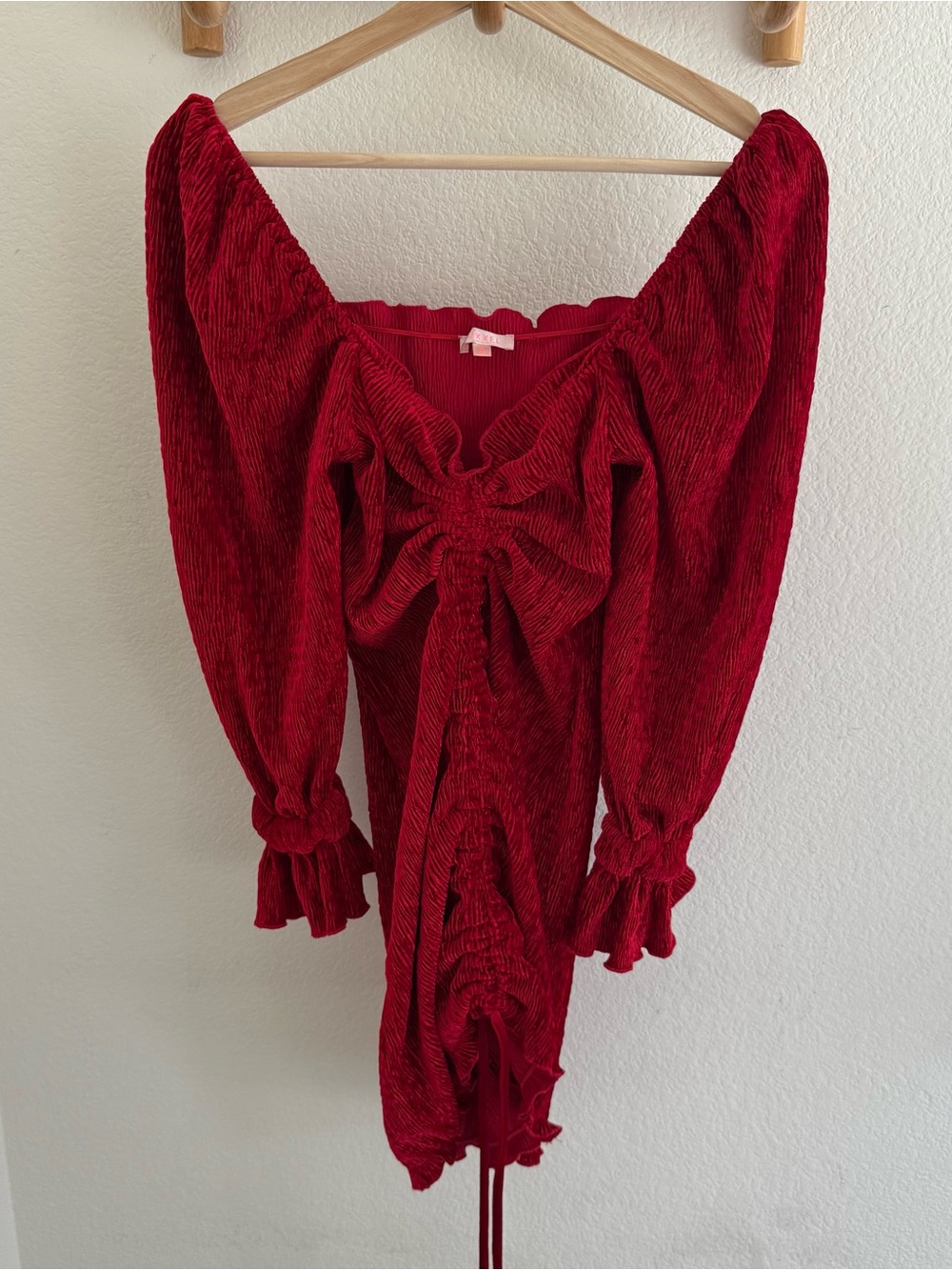 LUXXEL Red velvet Ruched mini puff long sleeve dress off the shoulder vampire